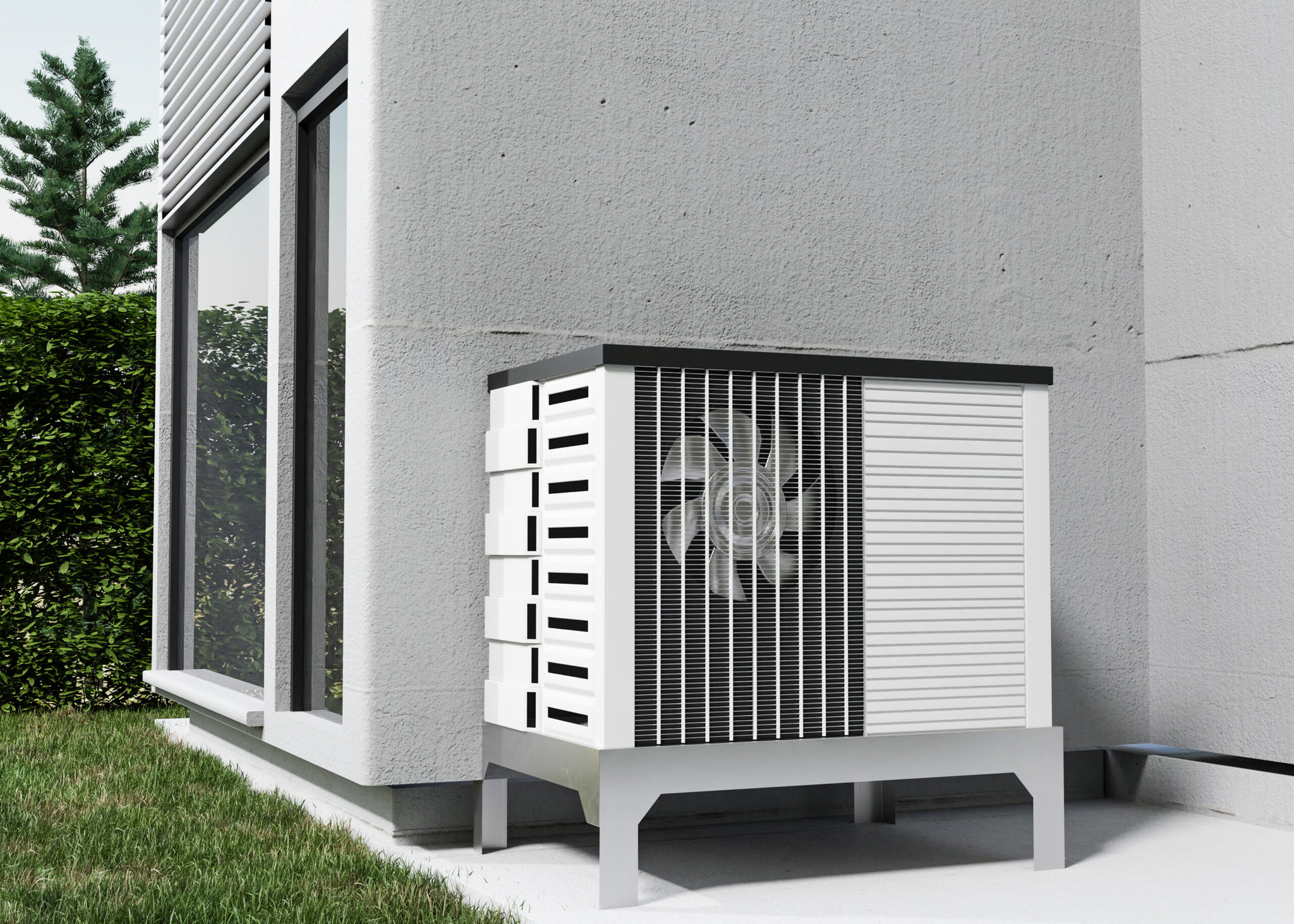 close up heat pump outside home